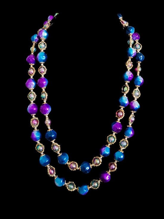 Vintage Jewelry - Vintage 1950s Japan Double Strand Blue Purple Moonglow Lucite AB Necklace
